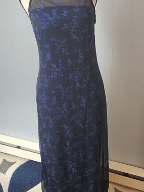 Vintage Next Up Black Maxi Dress with Blue Floral Embroidery